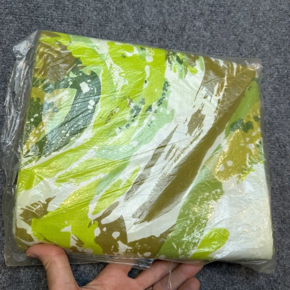 Vtg 70s Permanent Press Percale Queen Flat Sheet Green Abstract Retro NOS Sealed